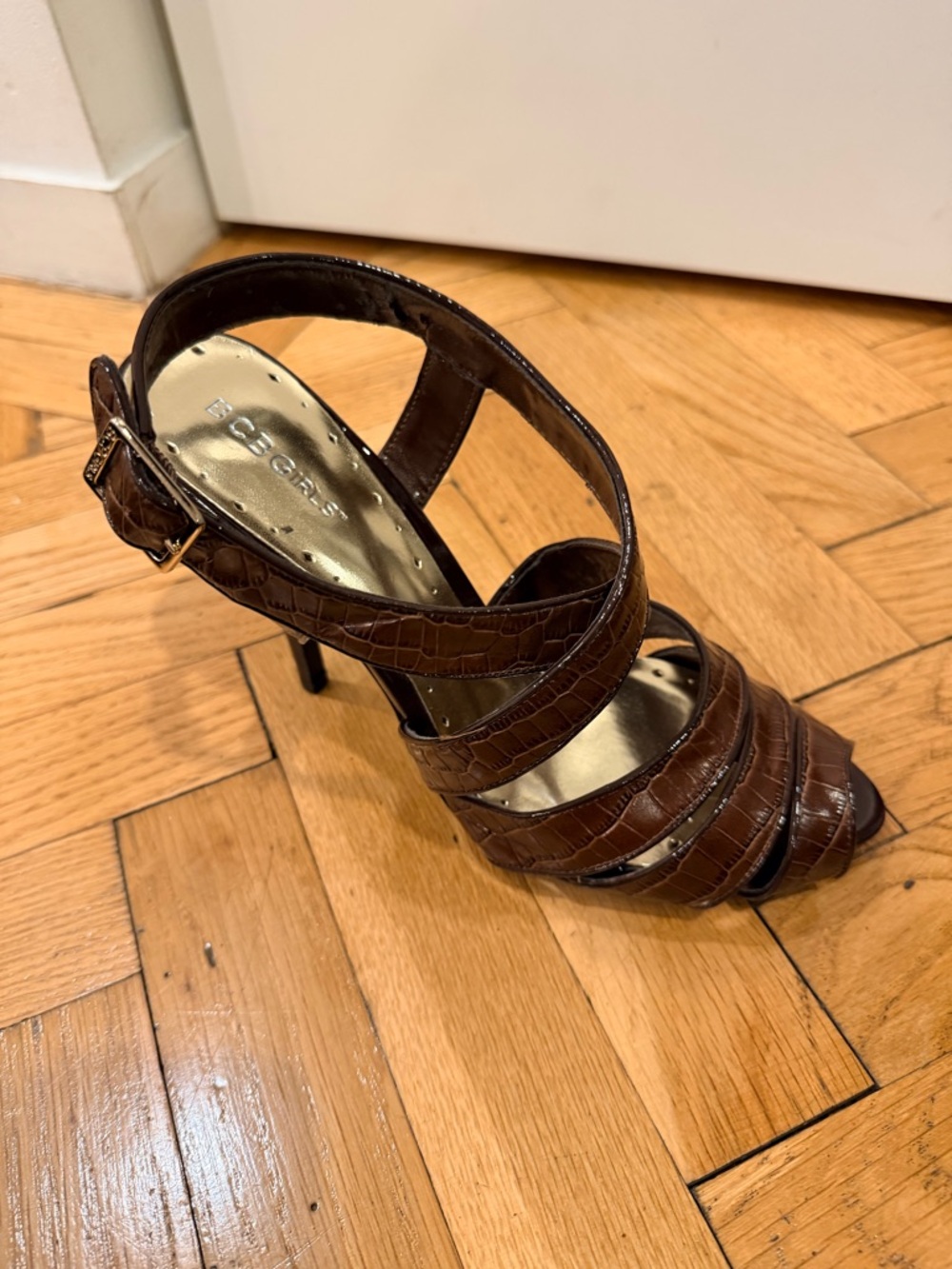 BCBGirls Brown Strappy Patent Leather Heels Size 11 – 4” Heel, Worn Once